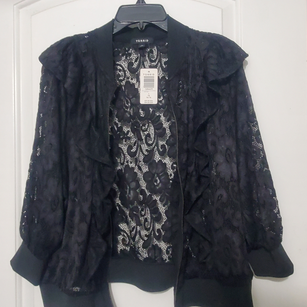Torrid Black Lace Blazer with Ruffled Collar